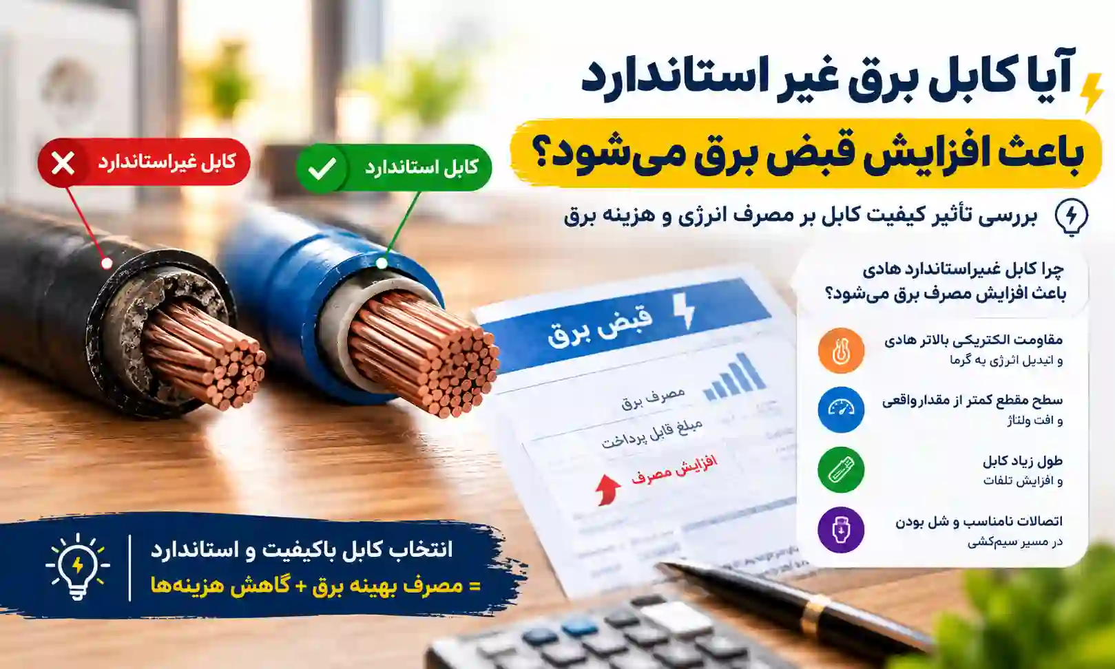 سیم و کابل غیراستاندارد باعث افزایش بهای قبض برق می شود!
